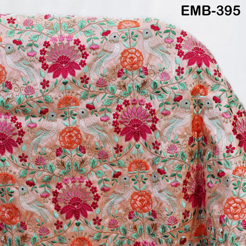 Peach Embroidered Fabric by the yard Sewing DIY Crafting Indian Embroidery Wedding Dress Costumes Dolls Bags Cushion Covers Table Runners