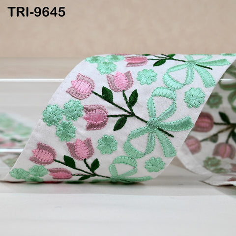 9 Yard Green Floral Embroidery Ribbon Indian Sari Border Embroidered Crafting Sewing Junk Journals Kids Costume Home Decor Trimming 8cm