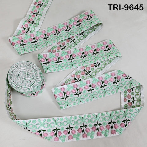 9 Yard Green Floral Embroidery Ribbon Indian Sari Border Embroidered Crafting Sewing Junk Journals Kids Costume Home Decor Trimming 8cm
