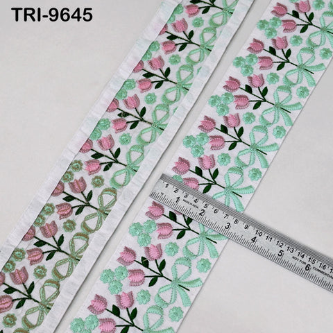 9 Yard Green Floral Embroidery Ribbon Indian Sari Border Embroidered Crafting Sewing Junk Journals Kids Costume Home Decor Trimming 8cm