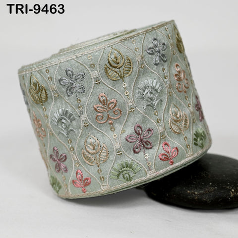9 Yard Greenish Grey Embroidery Ribbon Trim Saree Border Crafting Sewing Throw Pillow Home Decor Embellishments Costumes Junk Journals 9cm