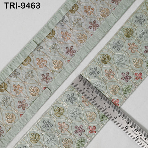 9 Yard Greenish Grey Embroidery Ribbon Trim Saree Border Crafting Sewing Throw Pillow Home Decor Embellishments Costumes Junk Journals 9cm