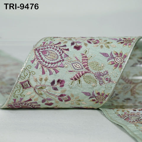 9 Yard Mint Green Embroidered Ribbons Trim Indian Embroidery Laces | Sari Border Saree | DIY Crafting Beach Bag Decorative Trimmings 10cm