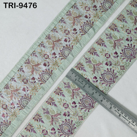 9 Yard Mint Green Embroidered Ribbons Trim Indian Embroidery Laces | Sari Border Saree | DIY Crafting Beach Bag Decorative Trimmings 10cm
