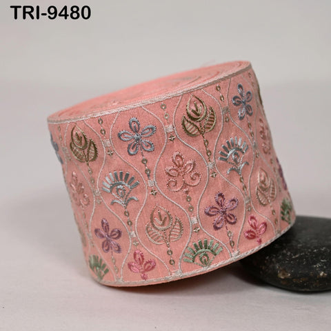 9 Yard Peach Embroidery Ribbon Trim 9 cm Saree Border DIY Crafting Sewing Throw Pillow Home Decor Embellishments Costumes Junk Journals