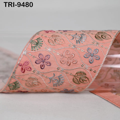 9 Yard Peach Embroidery Ribbon Trim 9 cm Saree Border DIY Crafting Sewing Throw Pillow Home Decor Embellishments Costumes Junk Journals