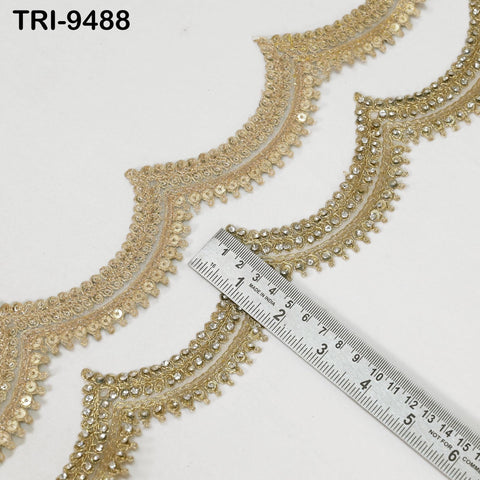 9 Yard Dull Gold Trim Beaded Rhinestone Ribbon Kundan Scallop Edge Lehenga Christmas Dresses Embellishments Saree Border Bridal Laces 4cm