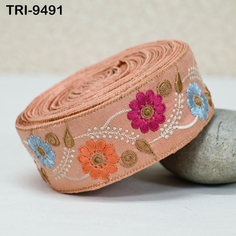 9 Yard Peach Embroidery Ribbon 5cm Trim Sari Border Crafting Embroidered Lampshades Regency Reticules, Victorian Handbags Junk Journals