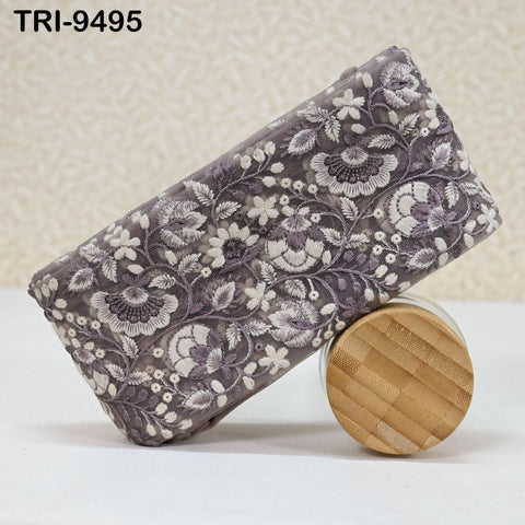 9 Yard Grey Embroidered Ribbons 10cm Trim Indian Embroidery Laces | Sari Border Saree | DIY Crafting Hair Accessory Beach Tote Bags Curtains