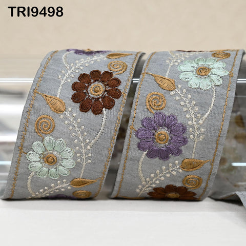 9 Yard Grey Embroidery Ribbon 5cm Trim Sari Border Crafting Embroidered Lampshades Regency Reticules, Victorian Handbags Junk Journals