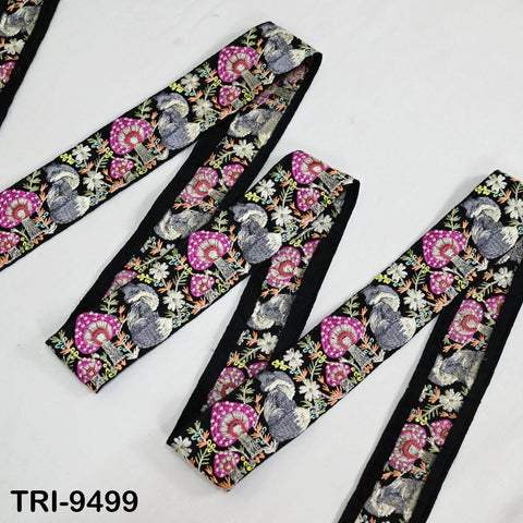 9 Yard Black Embroidery Ribbon 5cm Trim Fox Indian Sari Border DIY Crafting Sewing Bag Straps Regency Reticules Home Decor Junk Journals
