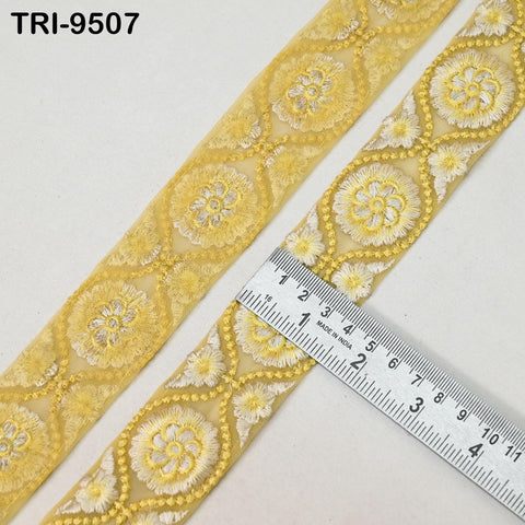 9 Yard Yellow Embroidery Ribbon 4cm Trim Embellishment Sari Sewing DIY Crafting Border Indian Embroidered Laces Home Decor Regency Reticules