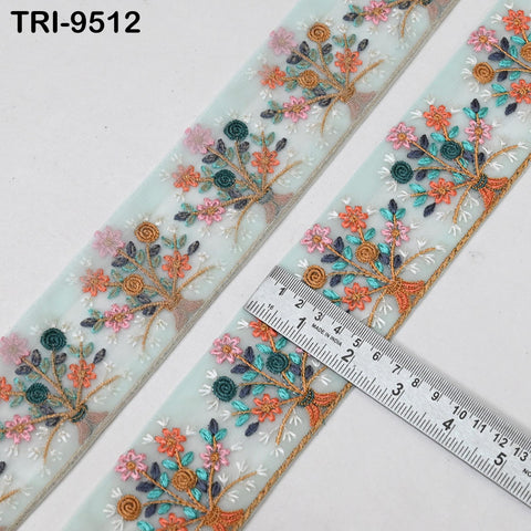 9 Yard Green Indian Embroidery Trim Embroidered Saree Ribbon Embellishments Cushions Sewing Crafting Trimming Curtains Headbands Border 65mm