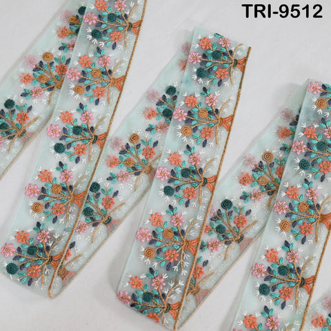 9 Yard Green Indian Embroidery Trim Embroidered Saree Ribbon Embellishments Cushions Sewing Crafting Trimming Curtains Headbands Border 65mm