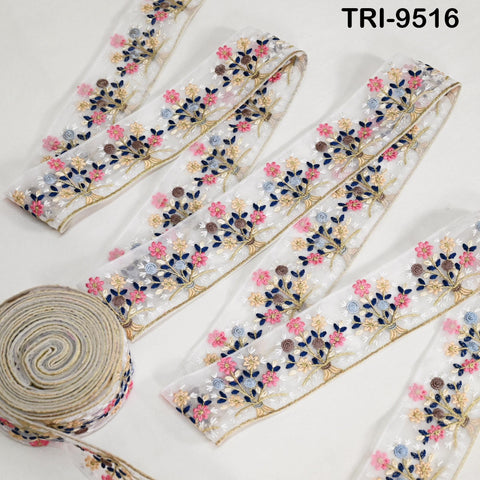 9 Yard White Indian Embroidery Trim Embroidered Saree Ribbon Embellishments Cushions Sewing Crafting Trimming Curtains Headbands Border 65mm