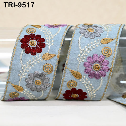 9 Yard Powder Blue Embroidery Ribbon 5cm Trim Sari Border Crafting Embroidered Lampshades Regency Reticules Victorian Handbags Junk Journals