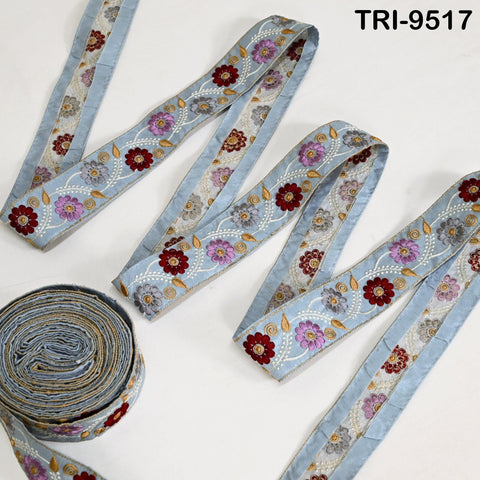 9 Yard Powder Blue Embroidery Ribbon 5cm Trim Sari Border Crafting Embroidered Lampshades Regency Reticules Victorian Handbags Junk Journals