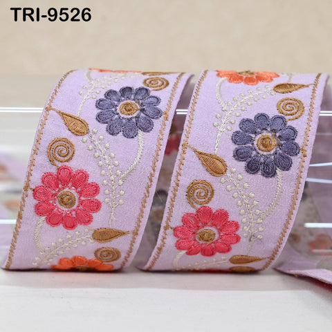 9 Yard Lavender Embroidery Ribbon 5cm Trim Sari Border Crafting Embroidered Lampshades Regency Reticules, Victorian Handbags Junk Journals