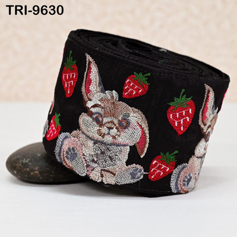 9 Yard Embroidery Ribbon Trim Rabbit with Strawberries Saree Border Crafting Sewing Throw Pillow Home Decor Embellishments Junk Journals 9cm