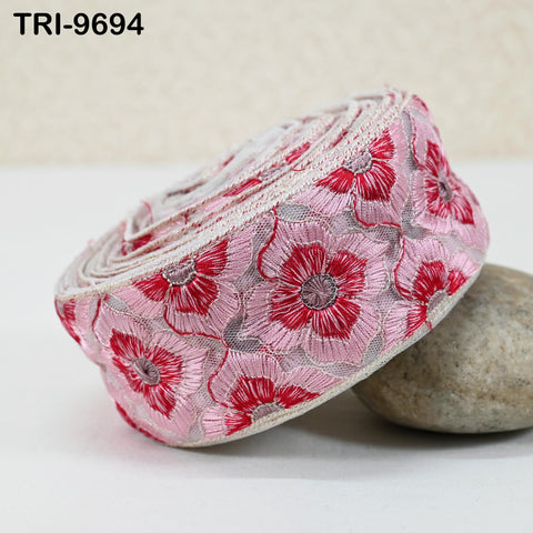9 Yard Indian Embroidery Tulle Ribbon Trim 6 cm Embellishment DIY Crafting Sewing Embroidered Sari Border Wedding Saree Tapes Dress Red Pink