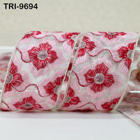 9 Yard Indian Embroidery Tulle Ribbon Trim 6 cm Embellishment DIY Crafting Sewing Embroidered Sari Border Wedding Saree Tapes Dress Red Pink