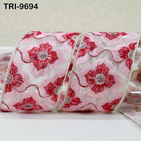 3 Yard Indian Embroidery Tulle Ribbon Trim Embellishment DIY Crafting Sewing Embroidered Sari Border Wedding Saree Tapes Dress Red Pink 6 cm