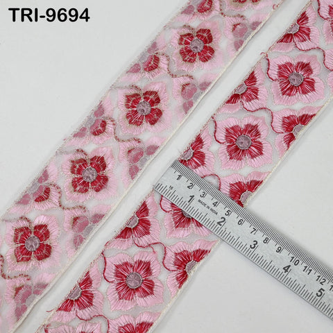 9 Yard Indian Embroidery Tulle Ribbon Trim 6 cm Embellishment DIY Crafting Sewing Embroidered Sari Border Wedding Saree Tapes Dress Red Pink