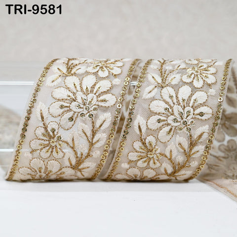 9 Yard Indian Embroidery 5cm Trim Embroidered Saree Ribbon Sari Embellishments Sewing DIY Crafting Trimmings Curtains Headbands Border Beige