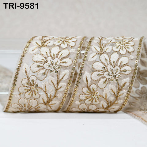 3 Yard Indian Embroidery Trim Embroidered Saree Ribbon Sari Embellishments Sewing DIY Crafting Trimmings Curtains Headbands Border Beige 6cm