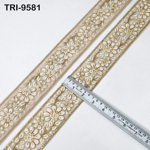 9 Yard Indian Embroidery 5cm Trim Embroidered Saree Ribbon Sari Embellishments Sewing DIY Crafting Trimmings Curtains Headbands Border Beige