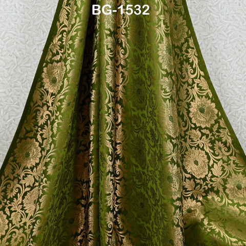 Pistachio Green Brocade Fabric by the Yard Gold Banaras Brocade Fabric Wedding Dress Banarasi Art Silk Indian Fabric For lengha Home Décor