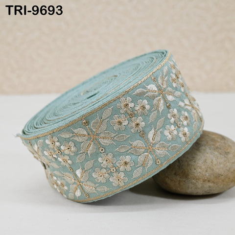 9 Yard Ice Blue Embroidery Ribbons 6cm Indian Sari Border Embroidered Crafting Sewing Tablecloth Lampshade Home Decor Costumes Trimming
