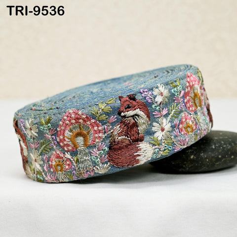 9 Yard Grey Embroidery Ribbon 5cm Trim Fox Indian Sari Border DIY Crafting Sewing Bag Straps Regency Reticules Home Decor Junk Journals