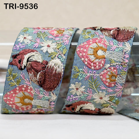 9 Yard Grey Embroidery Ribbon 5cm Trim Fox Indian Sari Border DIY Crafting Sewing Bag Straps Regency Reticules Home Decor Junk Journals