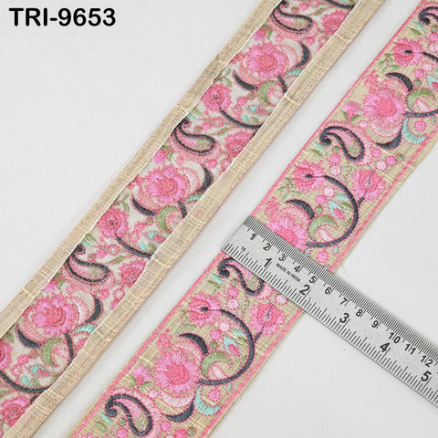 9 Yard Pink Indian Embroidery Ribbon Trim Floral Sari Border DIY Crafting Sewing Bag Strap Regency Reticules Home Decor Junk Journals 5cm