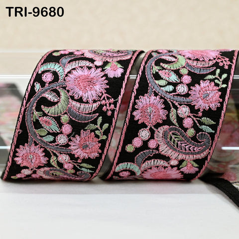 9 Yard Pink Indian Embroidery Ribbon Trim Floral Sari Border DIY Crafting Sewing Bag Strap Regency Reticules Home Decor Junk Journals 5cm