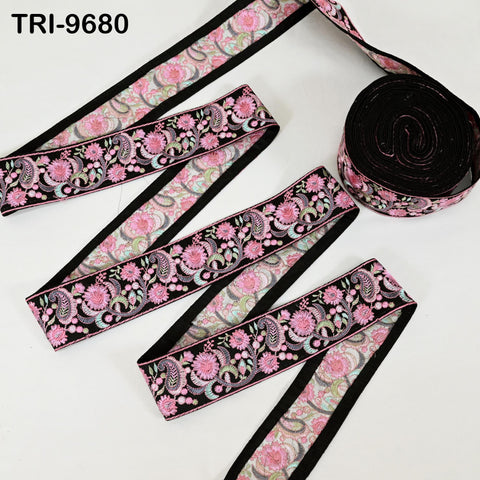 9 Yard Pink Indian Embroidery Ribbon Trim Floral Sari Border DIY Crafting Sewing Bag Strap Regency Reticules Home Decor Junk Journals 5cm
