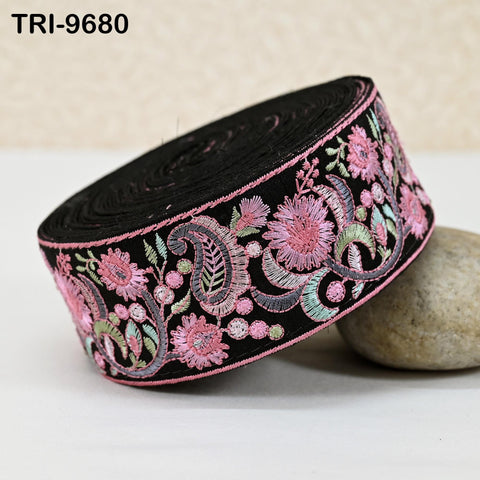 9 Yard Pink Indian Embroidery Ribbon Trim Floral Sari Border DIY Crafting Sewing Bag Strap Regency Reticules Home Decor Junk Journals 5cm