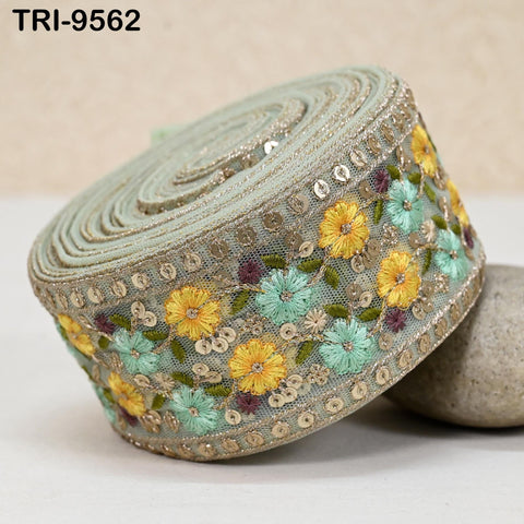 9 Yard Embroidery Ribbon Trim Pale Mint Embellishments DIY Crafting Indian Home Decor Embroidered Decorative Saree Border 60mm Junk Journals