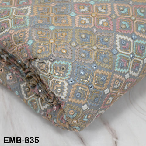 Grey Embroidered Georgette Fabric by Yard Indian Embroidery Sewing Curtain DIY Crafting Summer Women Dress Material Drapery Home Decor