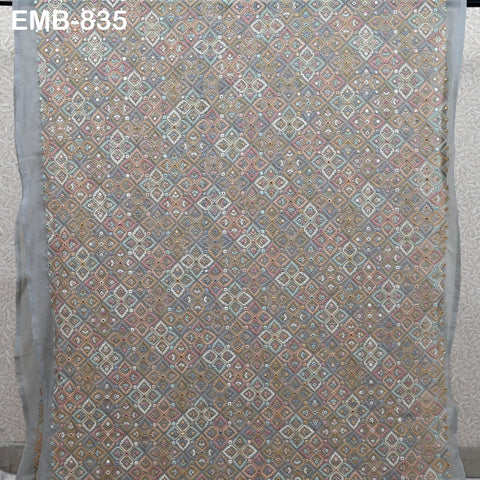 Grey Embroidered Georgette Fabric by Yard Indian Embroidery Sewing Curtain DIY Crafting Summer Women Dress Material Drapery Home Decor