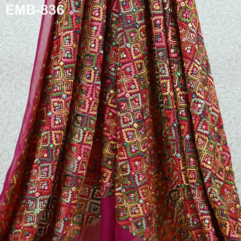 Raspberry Embroidered Georgette Fabric by Yard Indian Embroidery Sewing Curtain DIY Crafting Summer Women Dress Material Drapery Home Decor
