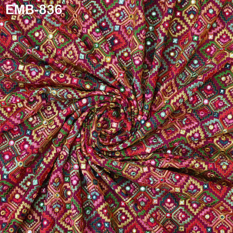 Raspberry Embroidered Georgette Fabric by Yard Indian Embroidery Sewing Curtain DIY Crafting Summer Women Dress Material Drapery Home Decor