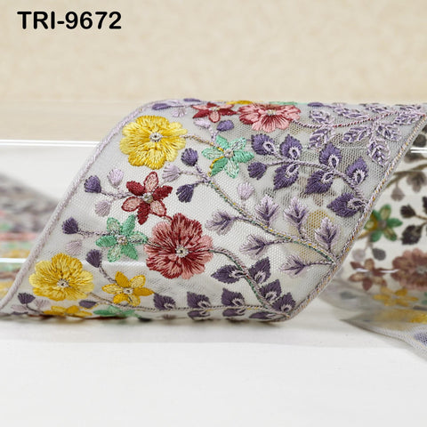 9 Yard Grey Embroidery Ribbons Border Floral Embroidered Fabric Trims Saree Crafting Sewing Wedding Embellishment Victorian Handbags 9cm