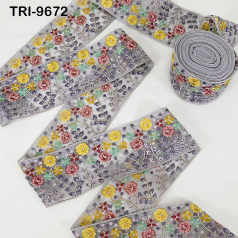 9 Yard Grey Embroidery Ribbons Border Floral Embroidered Fabric Trims Saree Crafting Sewing Wedding Embellishment Victorian Handbags 9cm
