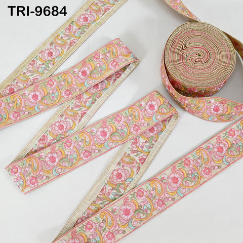 9 Yard Pink Indian Embroidery Ribbon Trim Floral Sari Border DIY Crafting Sewing Bag Strap Regency Reticules Home Decor Junk Journals 5cm