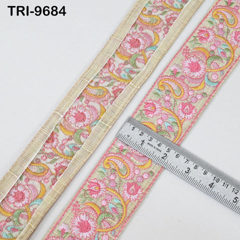 9 Yard Pink Indian Embroidery Ribbon Trim Floral Sari Border DIY Crafting Sewing Bag Strap Regency Reticules Home Decor Junk Journals 5cm