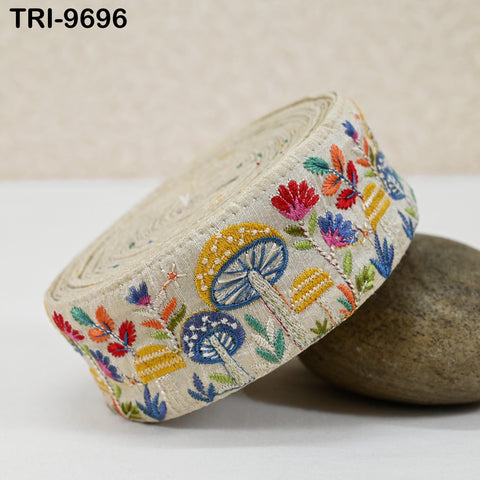 3 Yard Embroidery Ribbon 5cm Trim Mushroom Indian Sari Border DIY Crafting Sewing Bag Straps for Kids Junk Journals Pets Accessories Beige