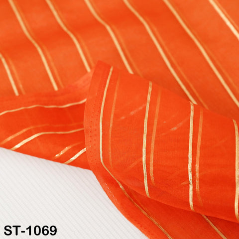 Bright orange organza dupatta with vertical gold zari stripes, draped elegantly for display – Indian ethnic scarf for festive wear.