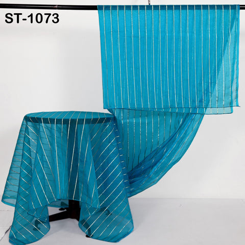 Bright turquoise blue organza dupatta with vertical metallic silver zari stripes, displayed hanging neatly for a full view of its sheer and lightweight texture